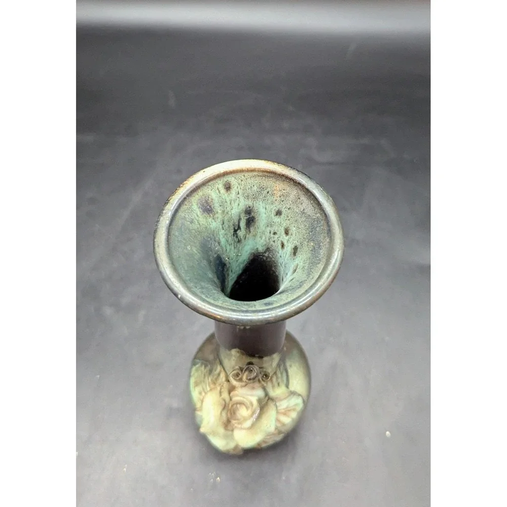 Vintage Lviv Ceramics Applied Flower Green Vase 7.25